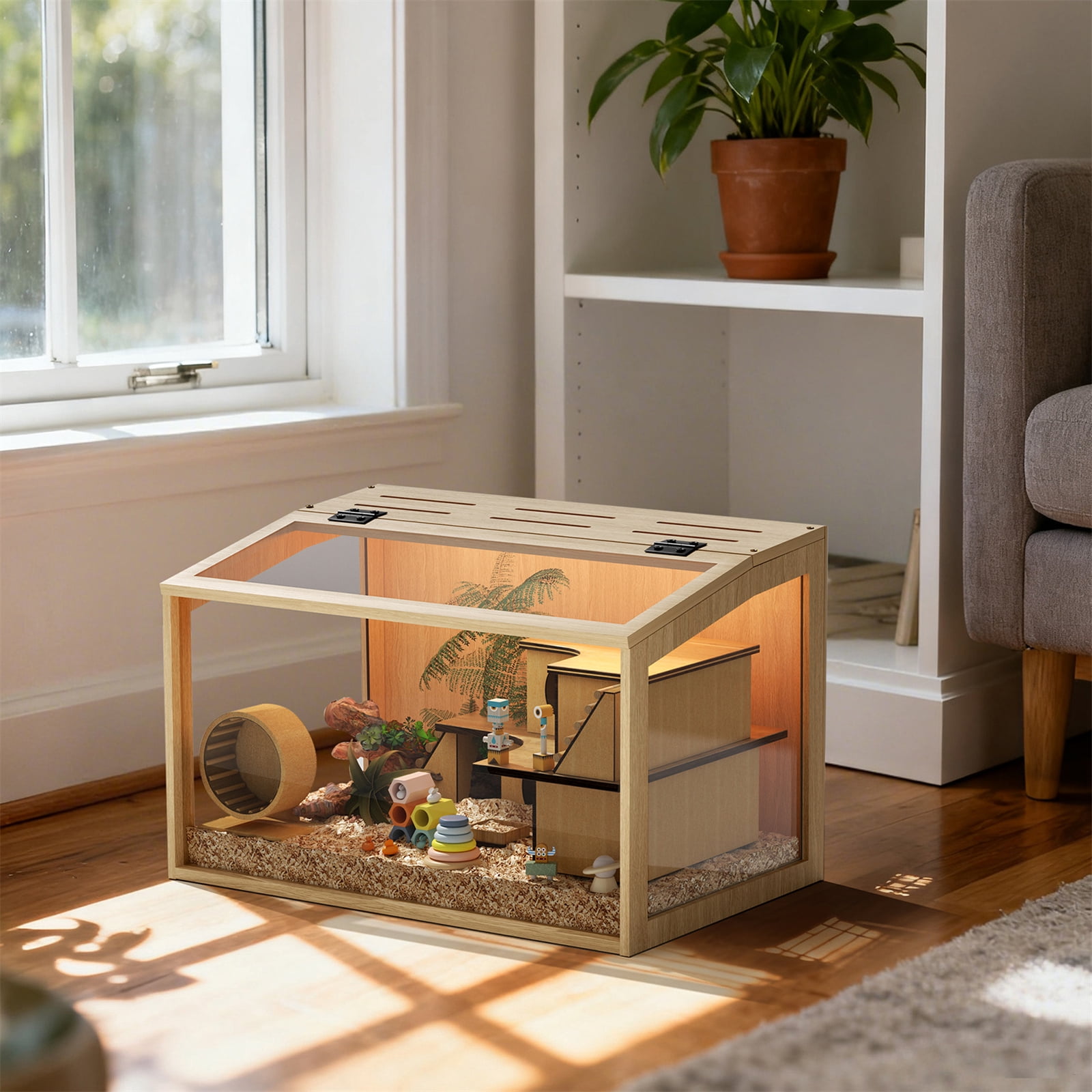Bingopaw Chew-proof Wooden Hamster Cage Clear Glass Panel Tabletop Habitat with LED Light for Small Pets