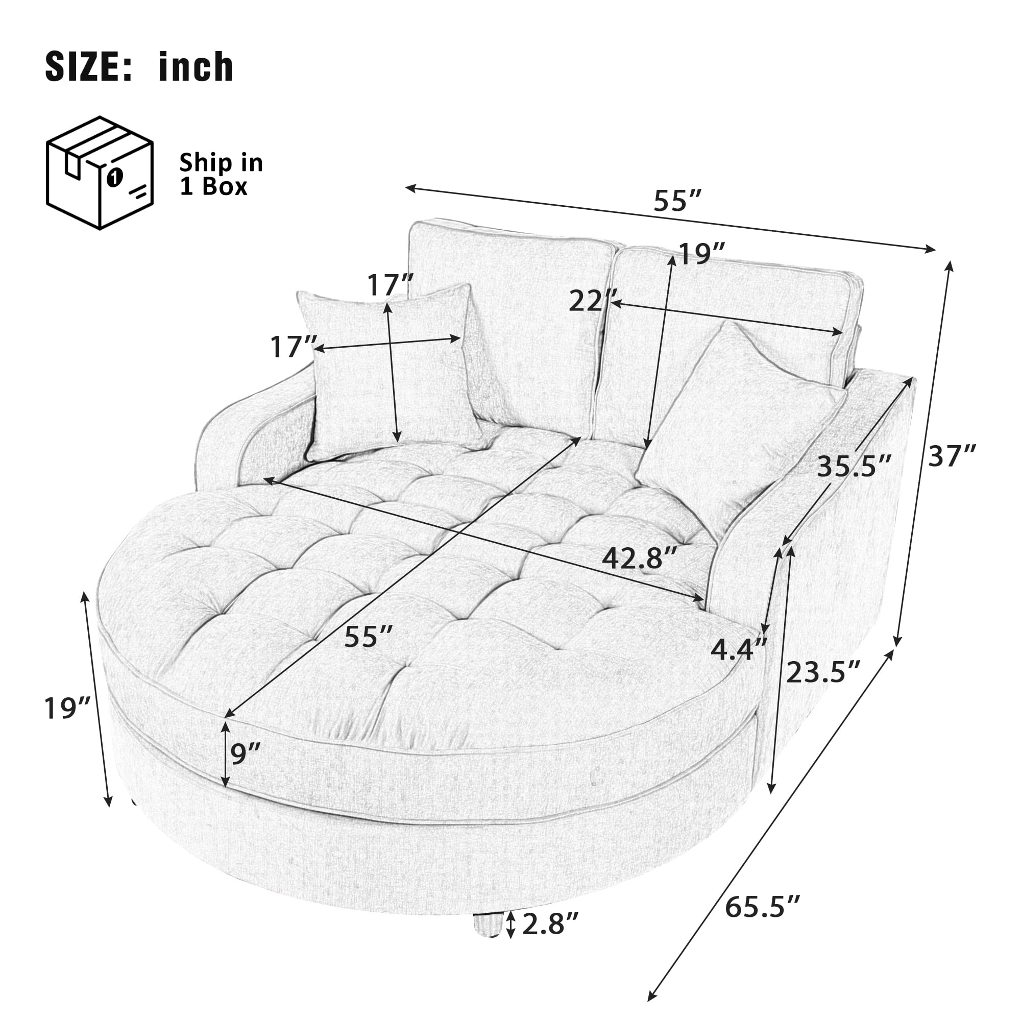 Euroco Oversized Round Chenille Chaise Lounge with Tufted Seat, Removable Pillows & High-Density Cushion – Modern Upholstered Lounge Chair for Bedroom or Living Room