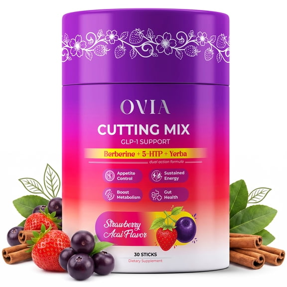 OVIA Cutting Mix Craving Control & Weight Management Drink Mix with Yerba Mate, Berberine, 5-HTP, Inulin FOS, L-Theanine & Chromium, Strawberry Acai, 30 Sticks
