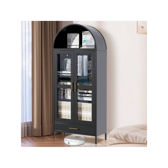 73" Tall Arched Pantry Cabinet,Versatile Cupboard With Glass Door, 2 Adjustable Shelves & Drawers,Modern Farmhouse Arched Bookcase Black
