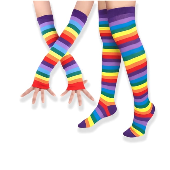 RYLZX Womens Rainbow Socks Striped Knee High Socks Arm Warmer Fingerless Gloves Set  can be used as Christmas decorations / gifts for friends ， family