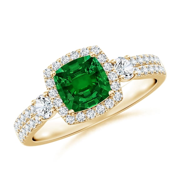 ANGARA Cushion Lab Grown Emerald Halo Double Shank Engagement Ring for Women in 14K Yellow Gold (Size-6mm) | May Birthstone, Birthday, Anniversary, Jewelry Gift for Women | Lab-Grown Emerald Ring