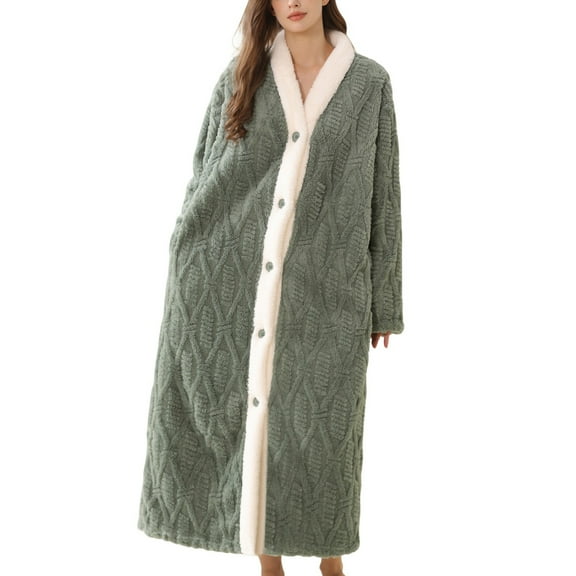 SWSMCLT Women's Long Sleeve Fleece Nightgown Button Thick Winter Comfy Loose Pjs Pajamas Soft Oversized Green Small-Medium