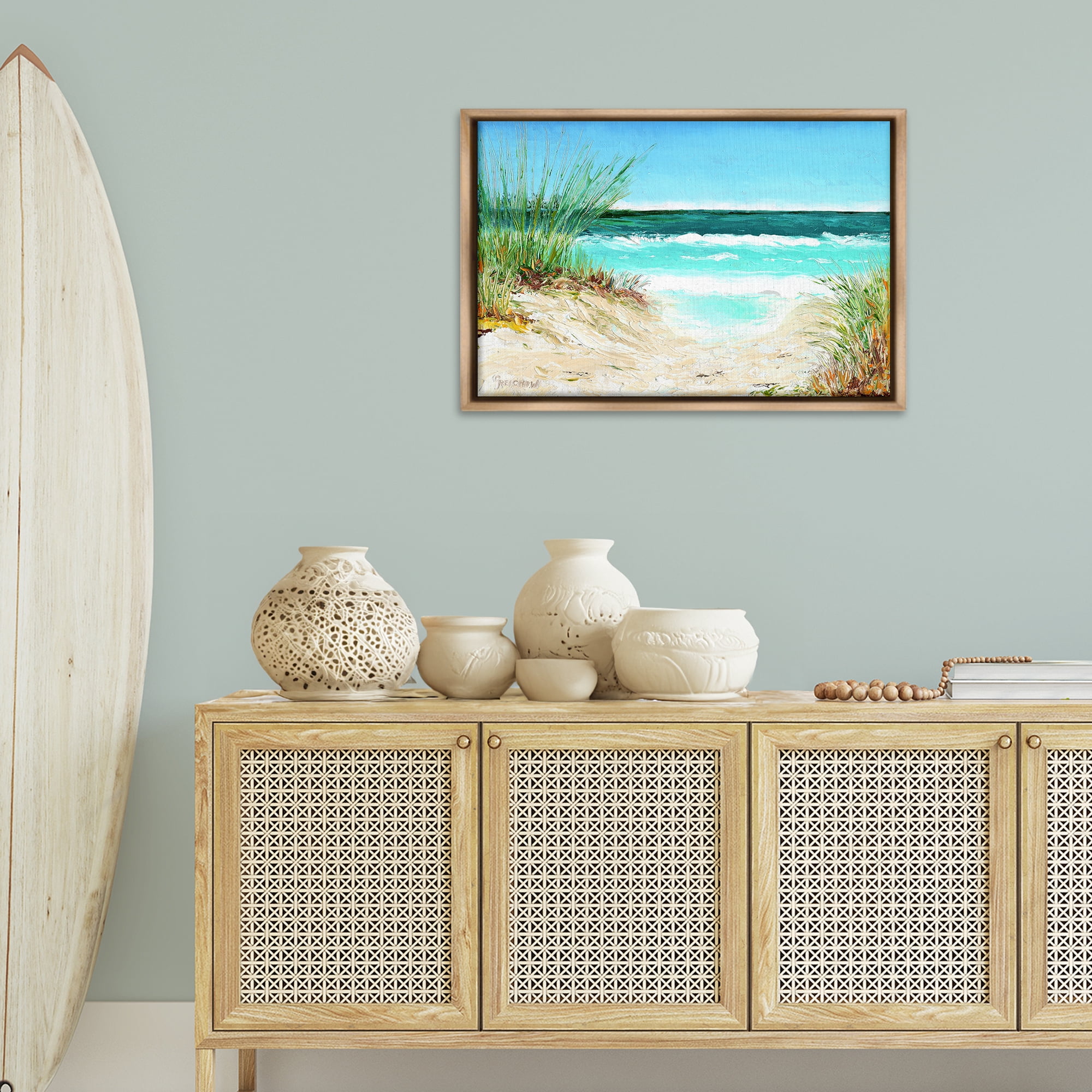 Stupell Industries Tropical Beach View Landscape & Nature Painting Brown Floater Framed Canvas Art Print Wall Art, 31 x 21