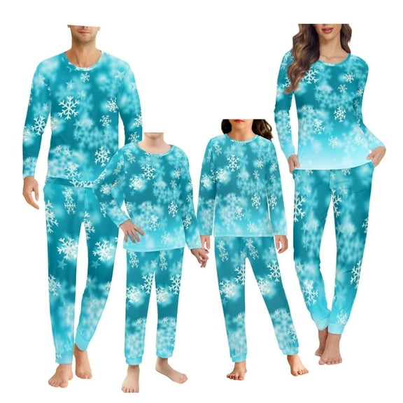 Renewold Matching Family Pajamas Sets Christmas PJ's Casual Long Sleeve Blue Tee and Snowflake Print Pants Loungewear with Pocket 2pcs Women Pajama Size XS