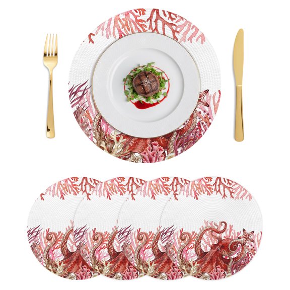 Round Placemats Coastal Red Octopus 15 inch Set of 4 Table Mats for Dining Table Summer Ocean Beach Corals Starfish Heat Resistant Non-Slip Kitchen & Home Decorative Place Mat Set