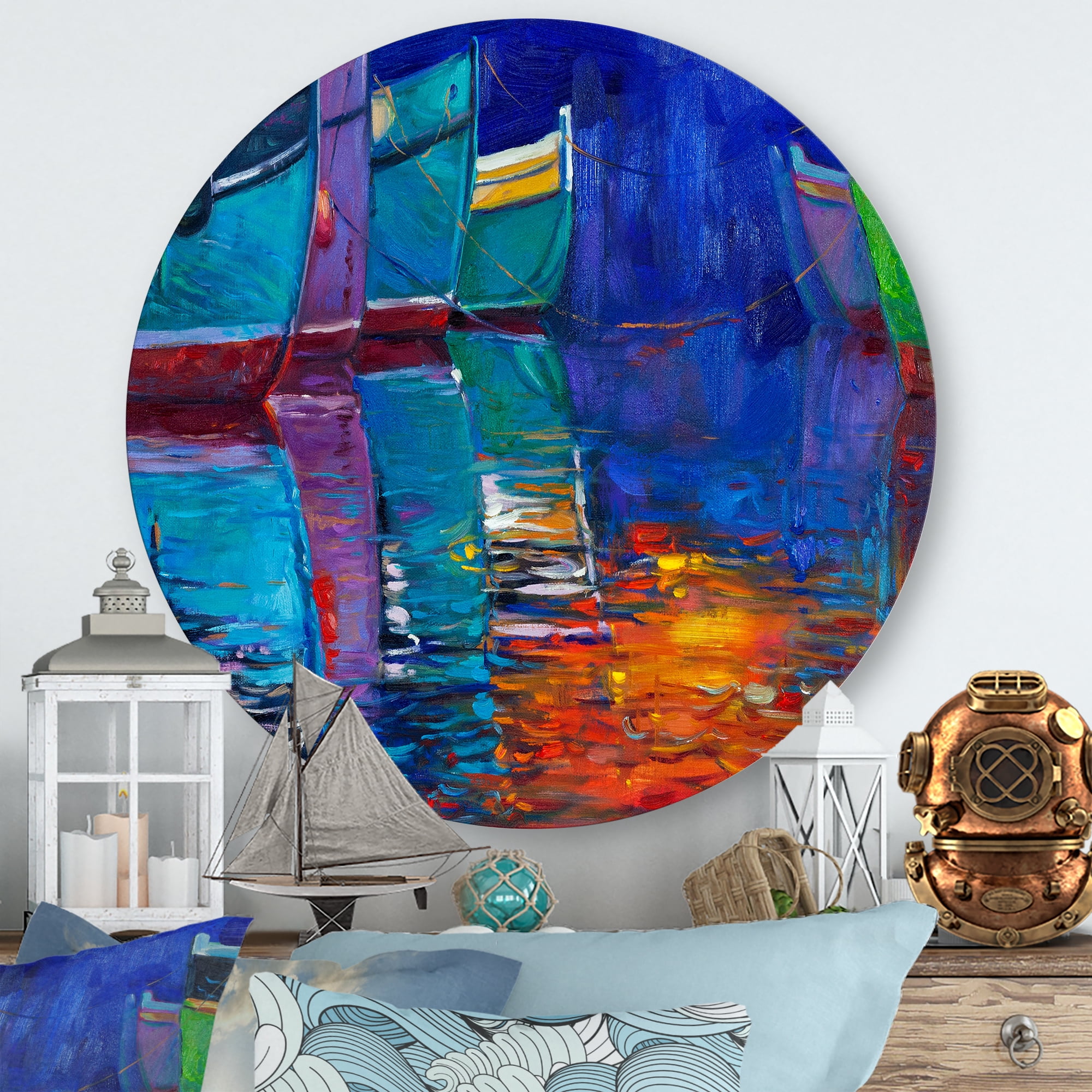 Designart 'Boats During Warm Sunset Resting On The Water I' Nautical & Coastal Circle Metal Wall Art 11x11 - Disc of 11