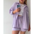 thumbnail image 4 of AURA Women Two Piece Outfit Long Sleeve Shirt Drawstring Shorts Casual Set, 4 of 5