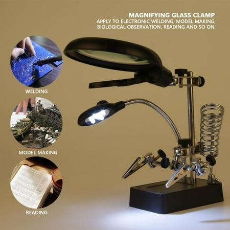 Spptty Helping Hand 2.5X/7.5X/10X LED Lighting Black Magnifying Glass Clamp Stand, Helping Hand Magnifier, Magnifying Glass Clamp