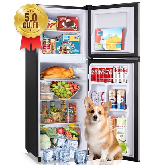 JIEJIA Double Door Small Refrigerator, 5.0 Cubic Feet Mini Fridge with 7-Level Adjustable Thermostat for Office, Dorm, Bedroom, Home and Apartment, Silver