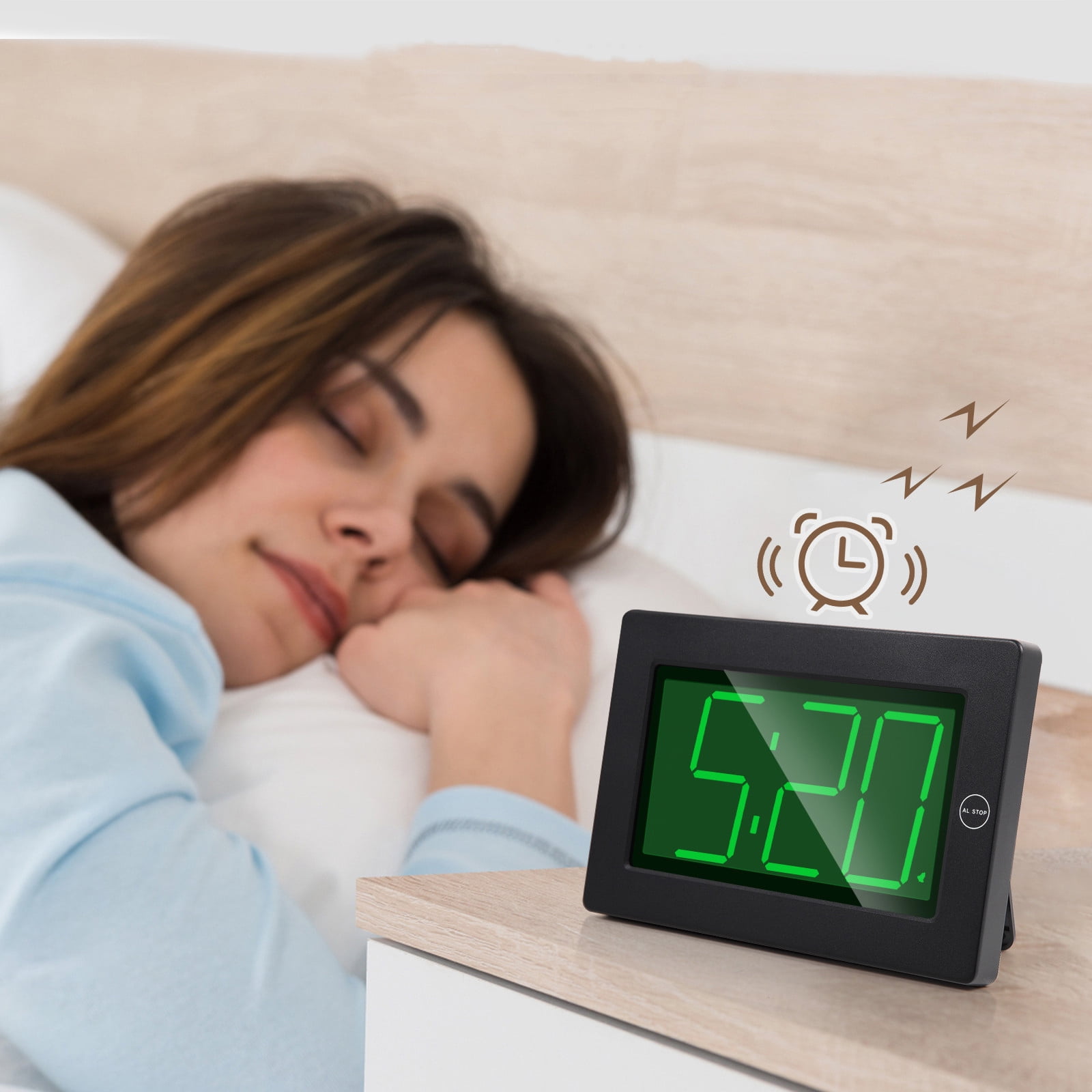 Kwanwa 8" Digital Wall Clock, Alarm Clock Battery Operated, Auto Dimmer Mode, Tabletop, Bedroom, Living Room, Office