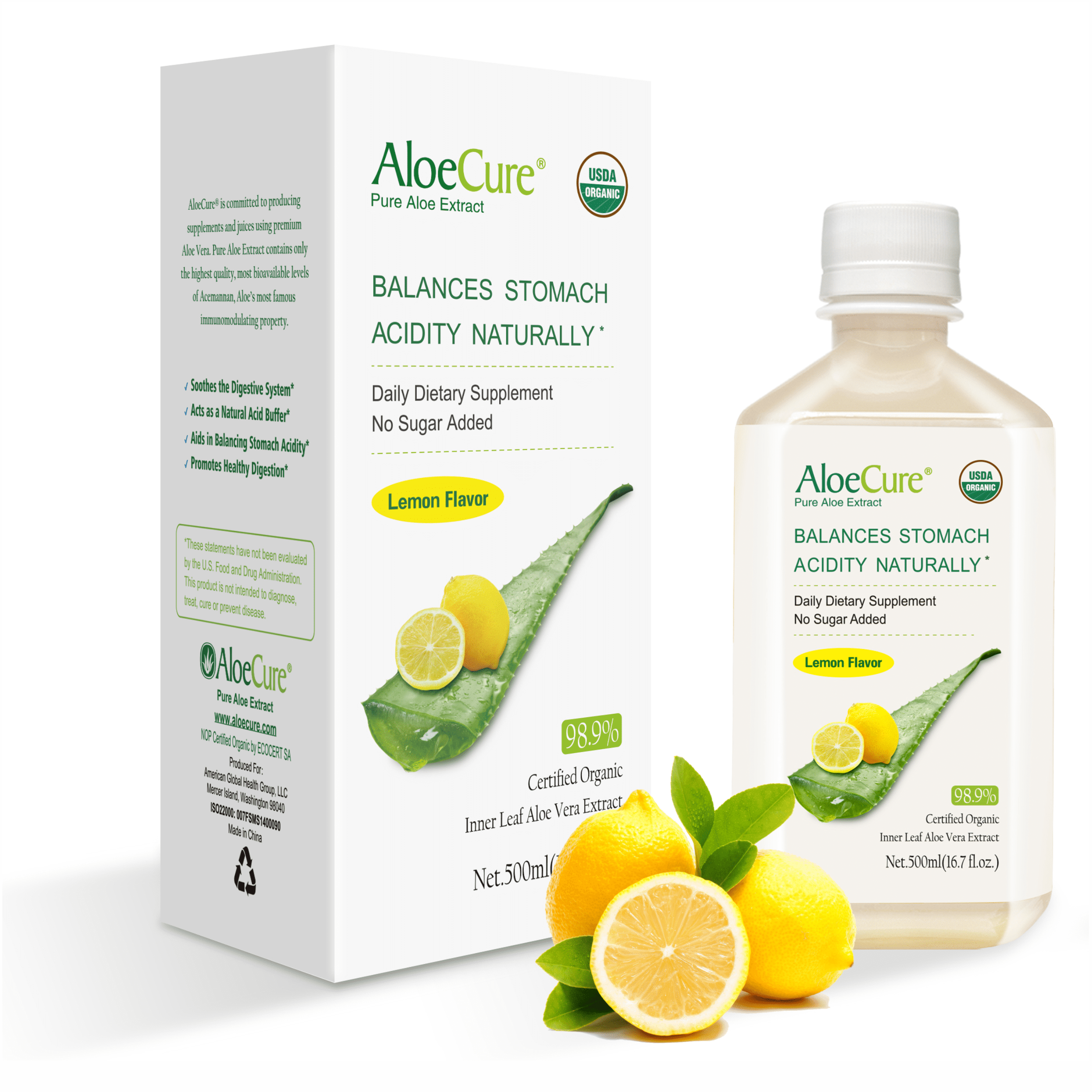 AloeCure Organic Pure Aloe Vera Juice Lemon Flavor Aloe Vera Drink Bottled Within 12 Hours of