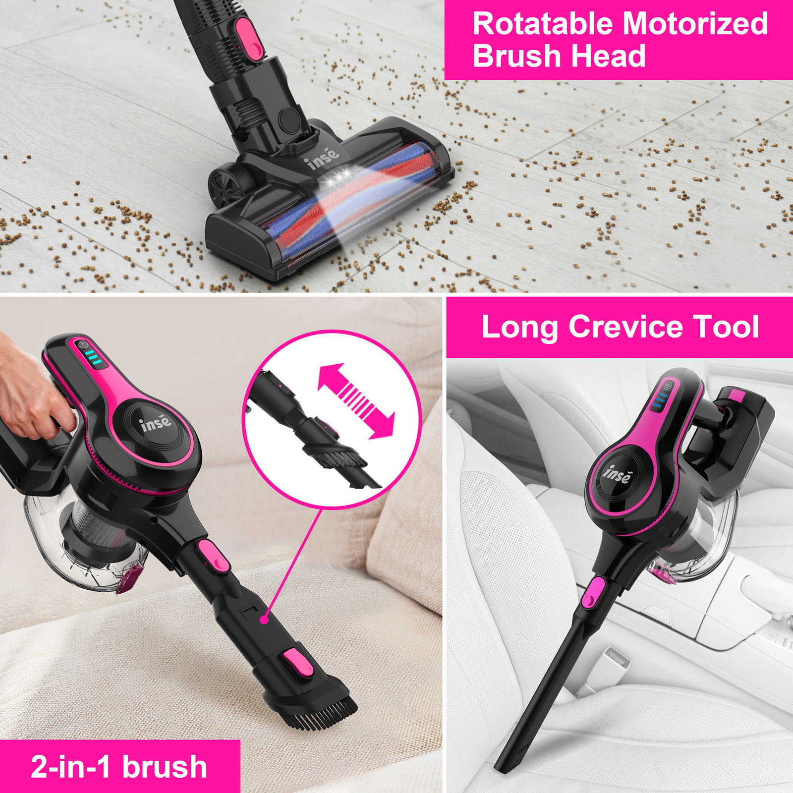 INSE Cordless Vacuum Cleaner, 6 in 1 Powerful Suction Lightweight Stick Vacuum with 2200mAh Rechargeable Battery, Up to 45min Runtime, for Carpet Hardwood Floor Car Pet Hair - 3