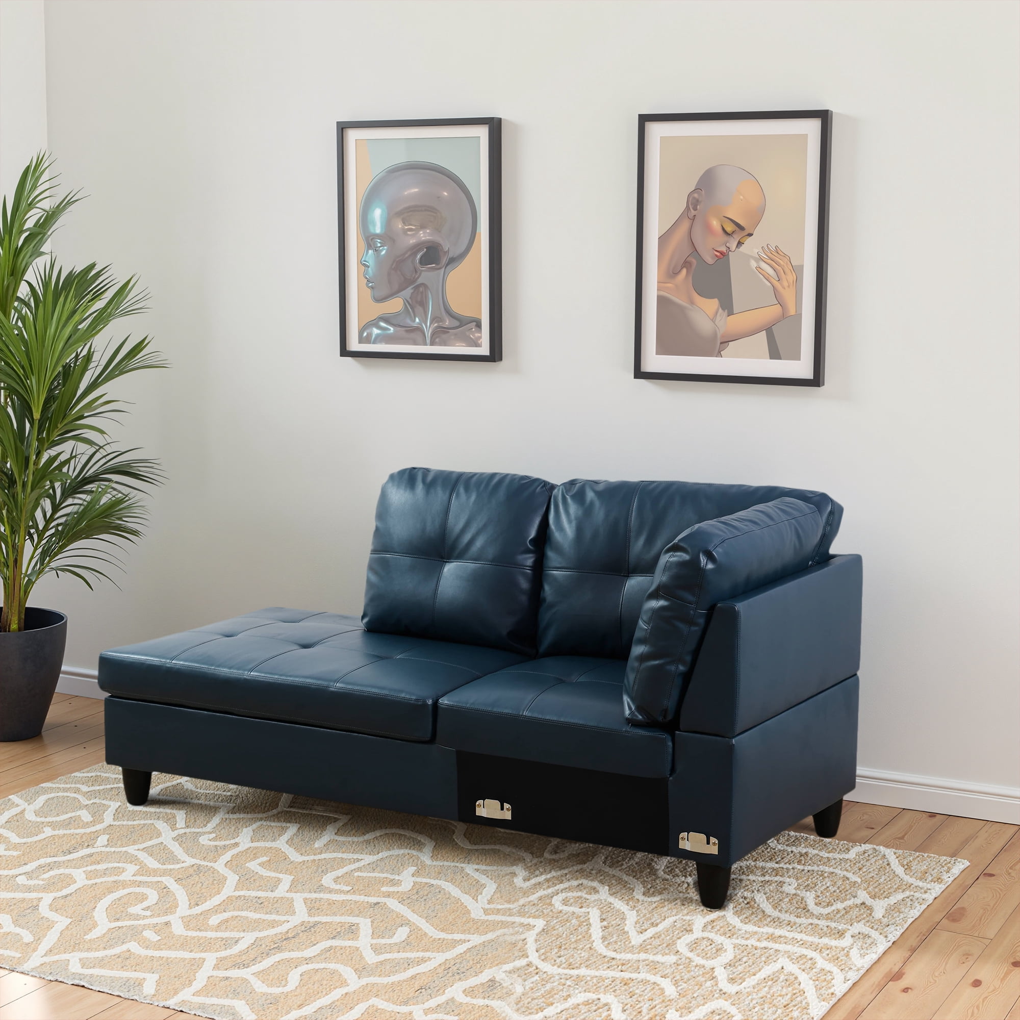 MAYEERTY 103.5" Semi PU Synthetic Leather Modern 3-Piece Sectional Couch with High-Density Foam Living Room Sofa Set，Peacock Blue