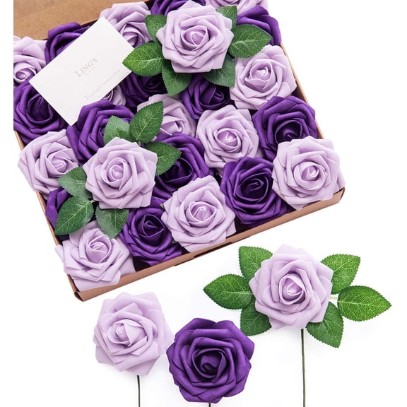 Artificial Rose Flowers 25pcs Lilac & Purple Realistic Fake Roses w/Stem for DIY Wedding Bouquets Centerpieces Bridal Shower Party Home Decorations