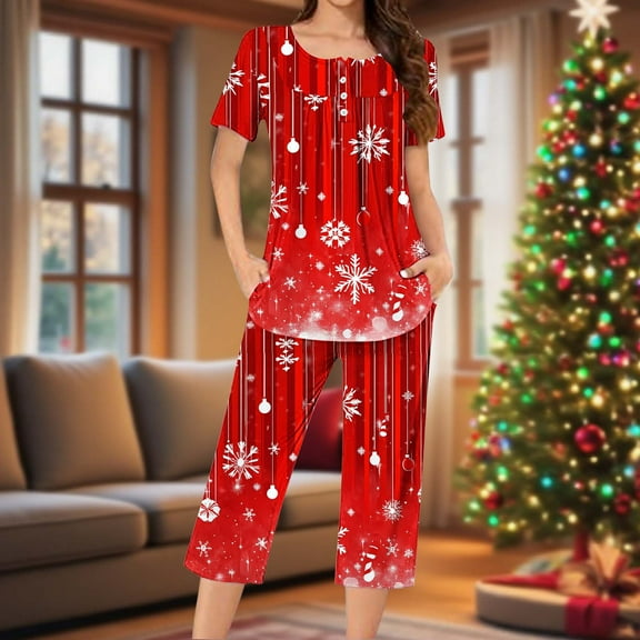Nfurl Womens Christmas Holiday Pajamas Sets Comfy Snowflake Print Short Sleeve Tops and Capri Pants Petite Lounge Set Winter Xmas Sleepwear Red L