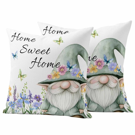 Spring Gnomes Outdoor Waterproof Pillow Covers, Watercolor Botanical Floral Buffalo Plaid Decorative Square Throw Pillowcase Sofa Cushion Sham for Patio/Couch/Chair, 18"x18" 2 Pack