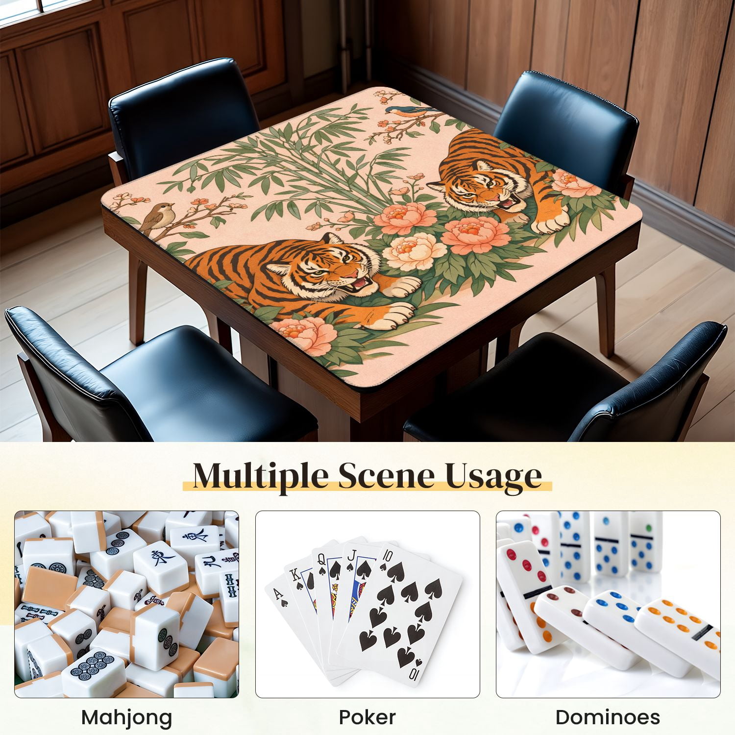 Mahjong Mat 31.5" x 31.5" Dynamic Tigers Vibrant Peonies Floral Bamboo Non-Slip Noise Reduction Mahjong Tiles Table Cover for Dominoes Poker Card Board and Tile Games