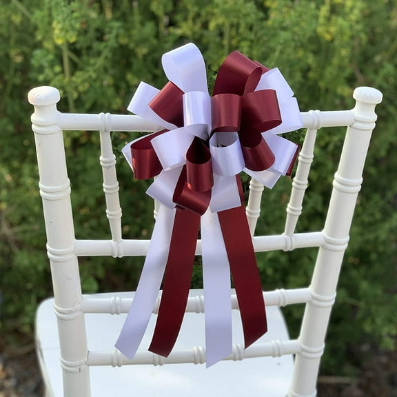Burgundy and White Pull Bows with Tulle Tails - 8" Wide, Set of 6, Wedding Pew Bows, Aisle Decoration, Reception, Anniversary, Christmas, Valentine's Day, School Dance, Fundraiser, Classroom, Office