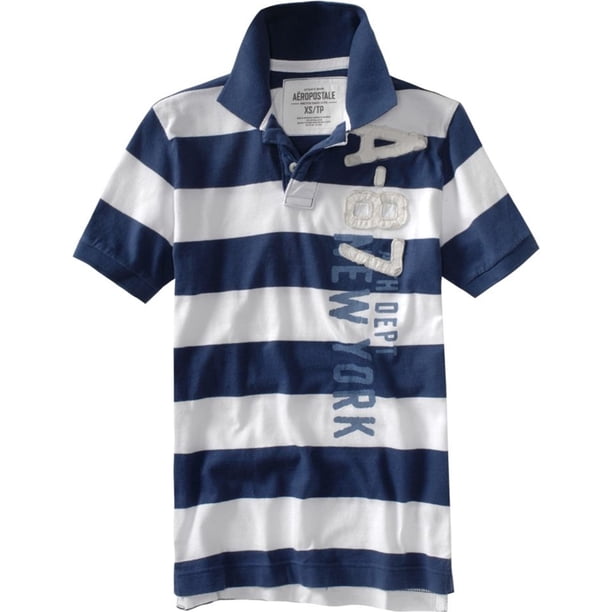Aeropostale Polo de rugby a rayas para hombre, azul, pequeño