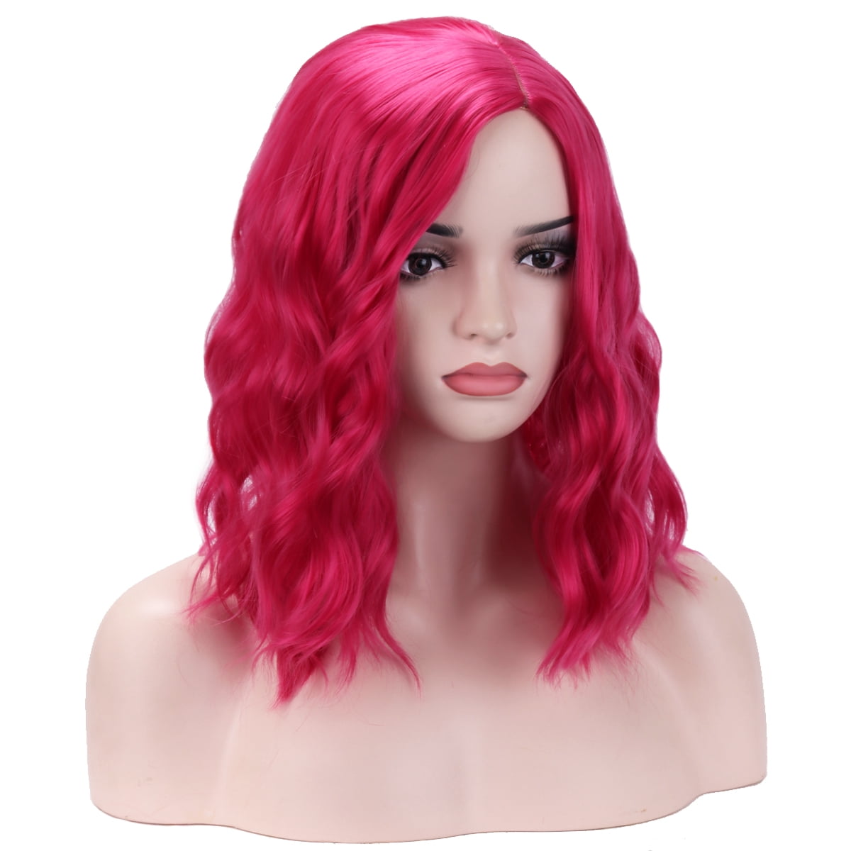 RightOn Hot Pink Wig Short Curly Bob Wig Hot Pink Wigs for Women Girls Beach Wave Wigs with Wig Cap