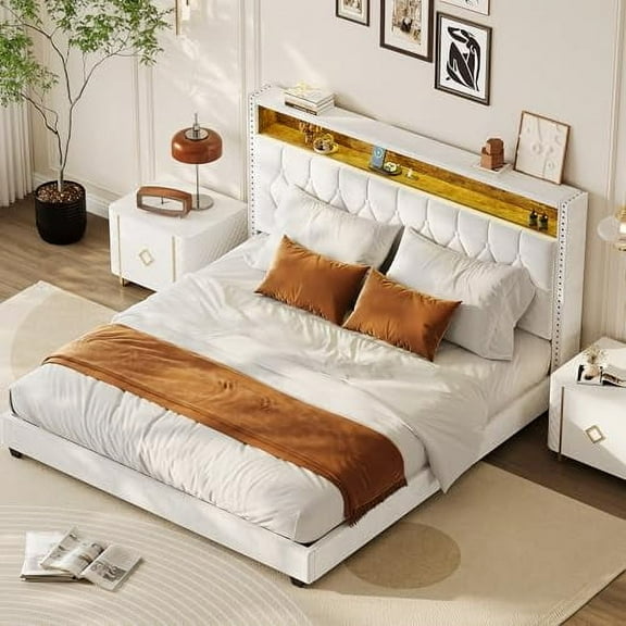 Huisuilinss Full Size Bed Frame,Queen Velvet Upholstered Bed Frame With Storage Headboard And LED Lights,Platform Bed With Charging Station And Wingback,Wood Slats Support,No Box Spring Needed