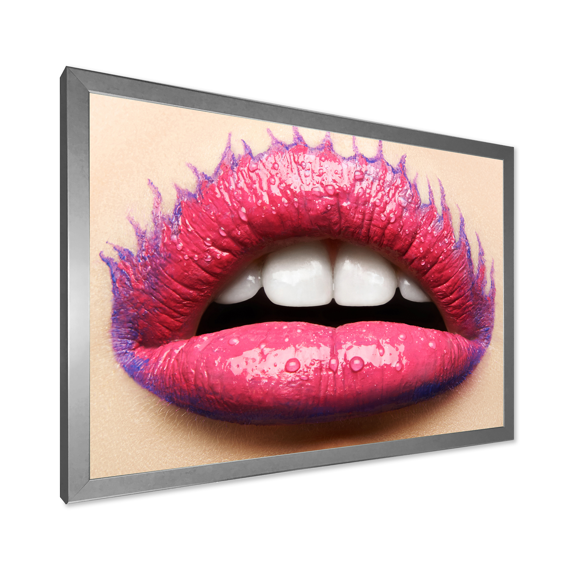 Designart 'Beautiful Woman Lips With Pink Lipstick' Modern Framed Art Print