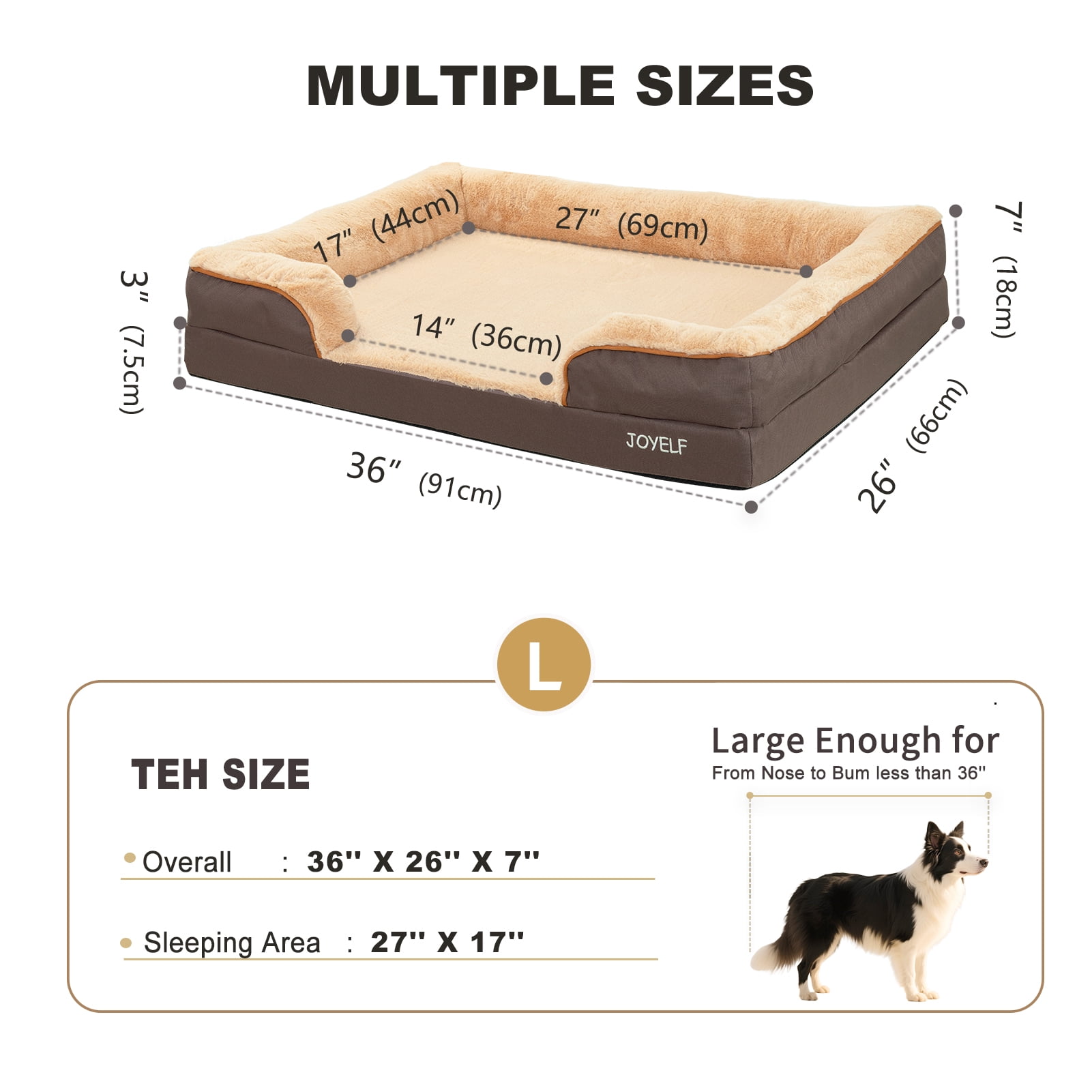 JOYELF Orthopedic Dog Bed for Medium to Large Dogs, Foam Sofa Couch Bed, Bolster Waterproof Pet Bed with Washable Cover and Nonskid Bottom, Durable Dog Bed Couch or Comfortable Sleep