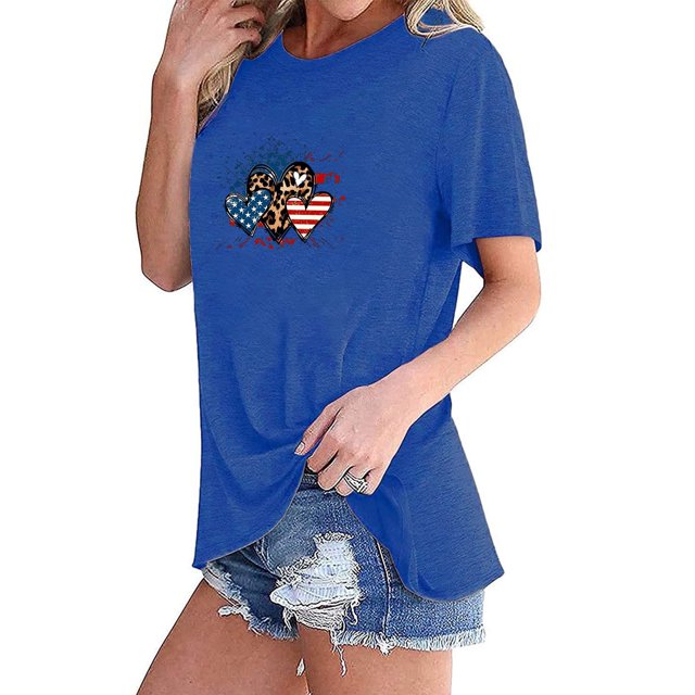 Fiudx Ofertas Flash Artículos En Oferta Camiseta Básica de Verano de Manga Corta Informal para Mujer, Blusa con Estampado Del Día de La Independencia, Cuello Redondo