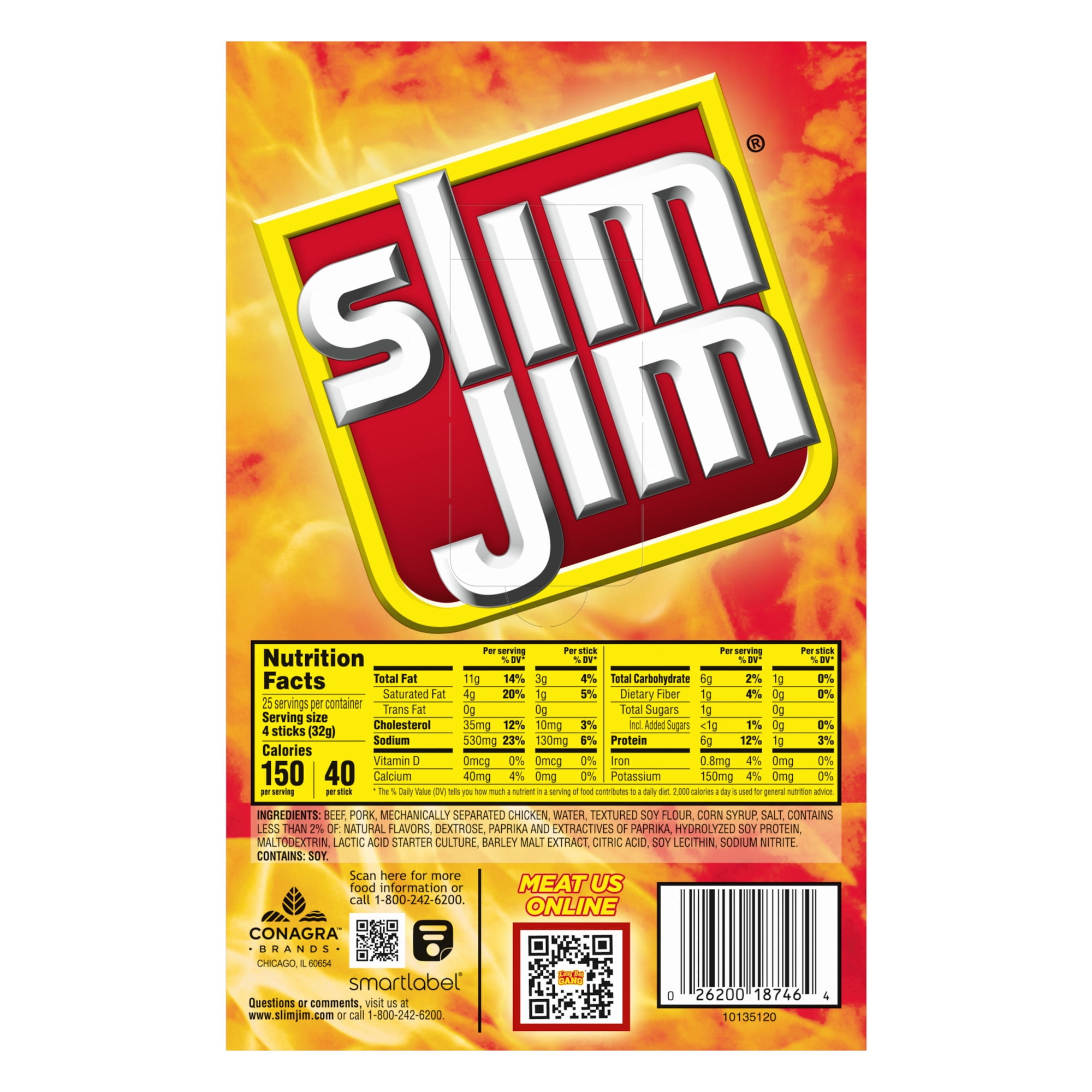 Slim Jim Smoked Meat Sticks, Original Flavor, 6g Protein Per Serving, 0.28 oz. (100-ct)