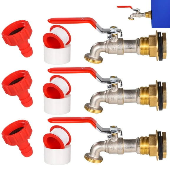 3 Sets Brass Rain Barrel Spigots, Replacement Faucets with Bulkhead Fitting, Garden Hose Fittings, and Thread Seal Tapes, Ideal for Water Troughs and Rain Barrels, Water Trough Spigot Set