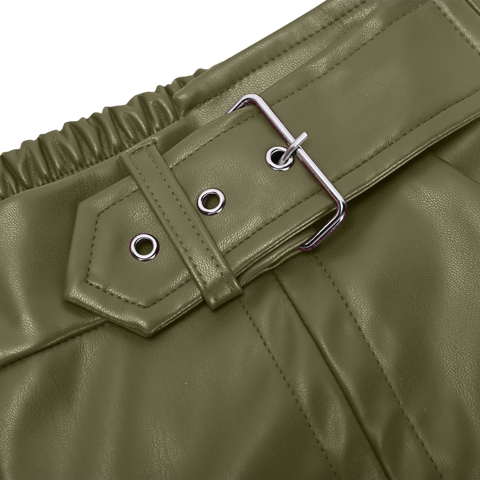JGGSPWM High-Waist Wide Leg Pants with Belt for Women Sleek Faux Leather Trousers Army Green 2XL