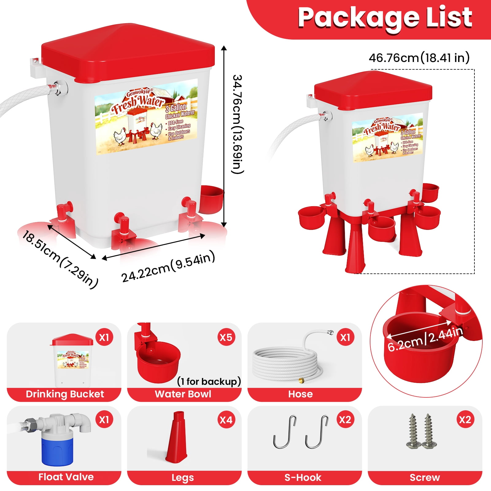 3 Gallon Red Automatic Chicken Waterer, Float-Controlled Continuous Water, Hose Connectable, Hands-Free Poultry Water Feeder for Chicks Ducks Geese