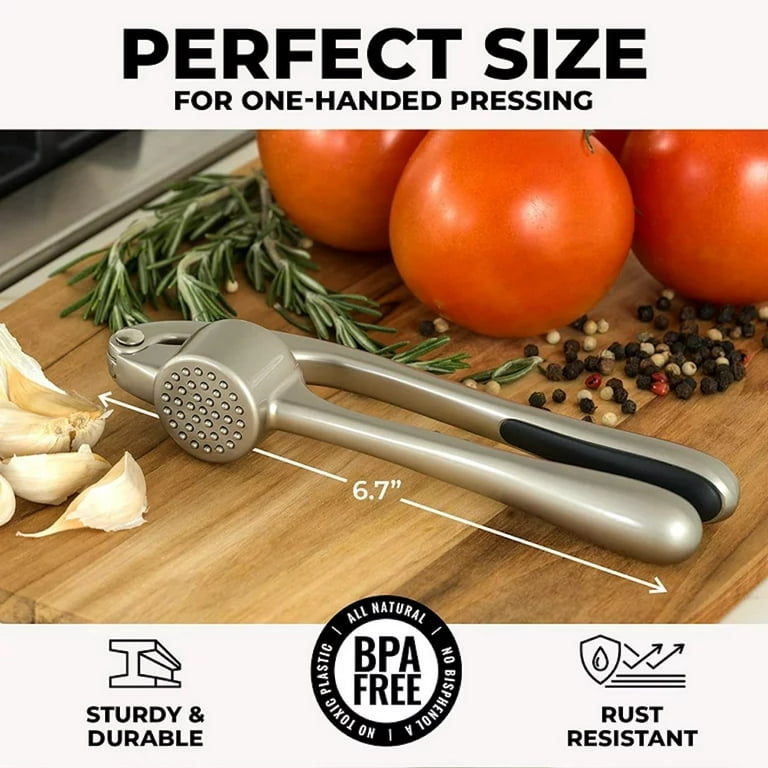 Zulay Kitchen Professional Grade Garlic Press W/ Garlic Peeler & Brush  (Silver)