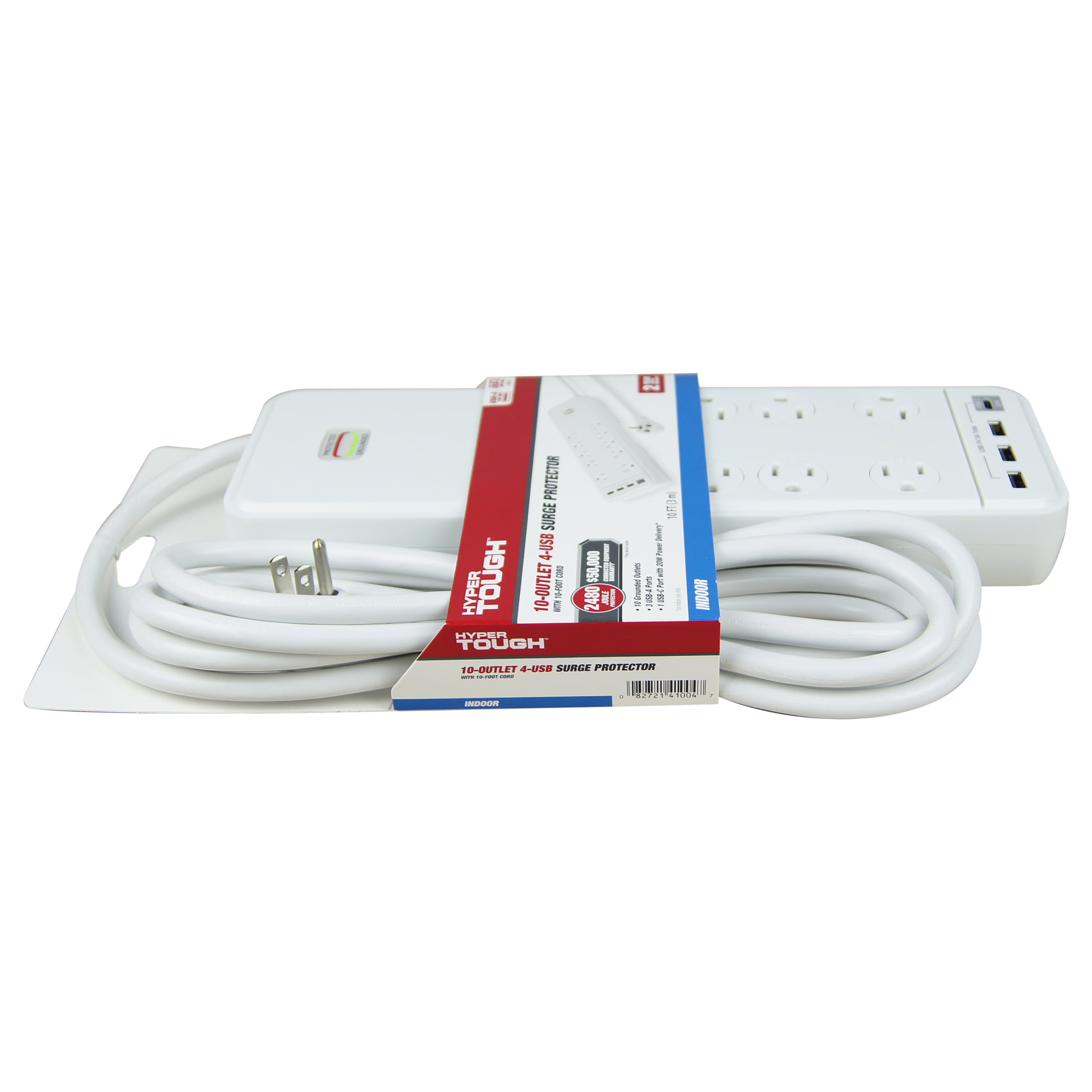 (2 pack) Hyper Tough Indoor 10-Outlet 10ft Surge Protector 2480-Joule Protection with 4 USB Ports, White