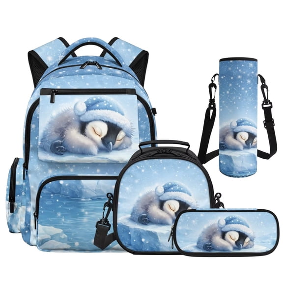 KUIFORTI Cute Penguin 4Pcs Kids Backpack Set, Lightweight Bookbag with Lunch Box Pencil Pouch Water Bottle Sleeve for Elementary Primary Middle School