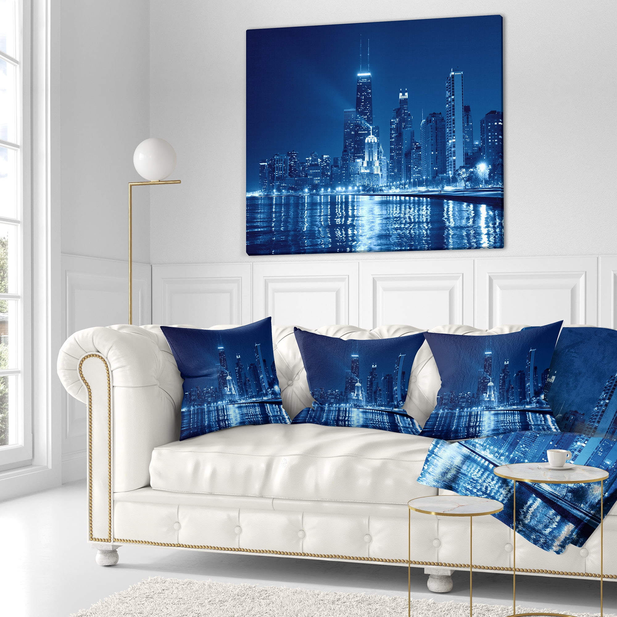 Designart Blue Chicago Skyline Night - Cityscape Photo Throw Pillow - 16x16