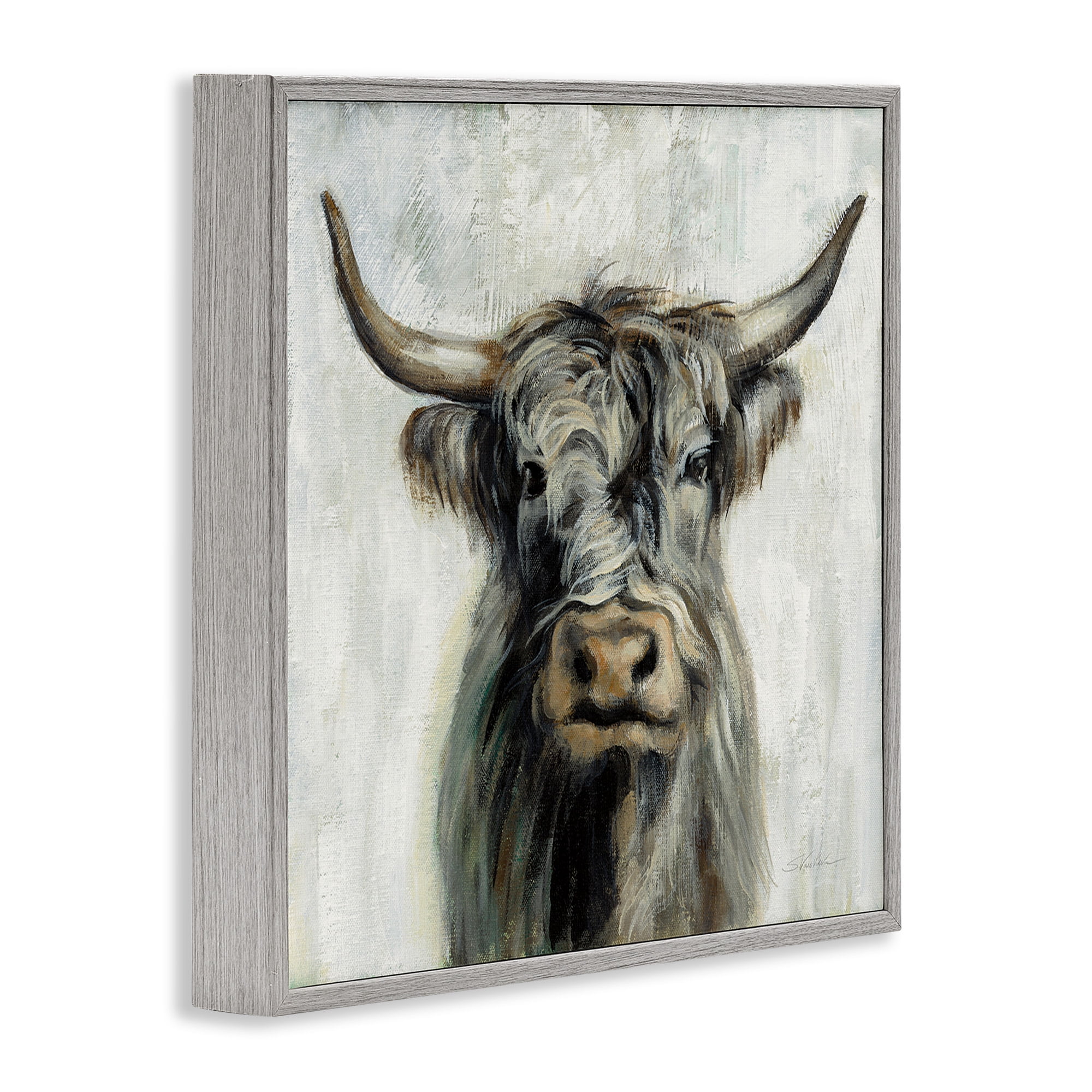 Stupell Industries Masculine Bull Portrait Cottage Animals & Insects Painting Gray Framed Art Print Wall Art, 24 x 24