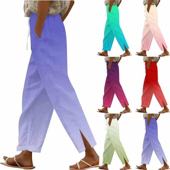 Summer Savings Clearance 2025 Bovxnpu Plus Size Pants For Women, Womens Cotton Linen Pants Drawstring Casual Trousers with Pockets, Women's Cotton And Linen Straight Leg Pants With Side Slits L