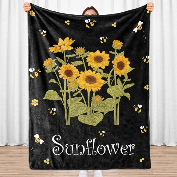 Sunflower Blanket Gifts for Women, Sunflower Bee Spring Throw Blanket, Flower Warm Soft Lightweight Blanket, Black Yellow Flannel Cozy Plush for Adult Teens, Home, Living Room, Office, 50"x60"