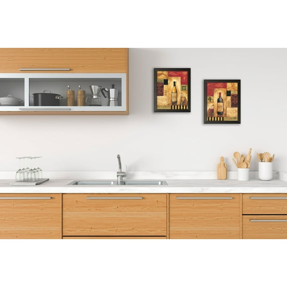 Gango Home Decor Elegant Wine Kitchen Wall Art; Two Beige 8x10in Art Prints in Black Frames