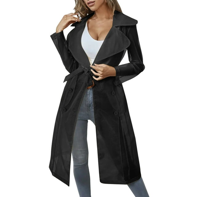 Trench-Coat Ceinturé à Manches Longues en Maille Transparente pour Femmes Grande Taille