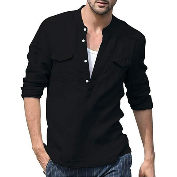 SWSMCLT Men's Shirt Casual V-Neck Fashion Flap Pocket Thin Linen Shirt Soft Cotton Long Sleeve Half ButtonSummer Beach Top Black Medium