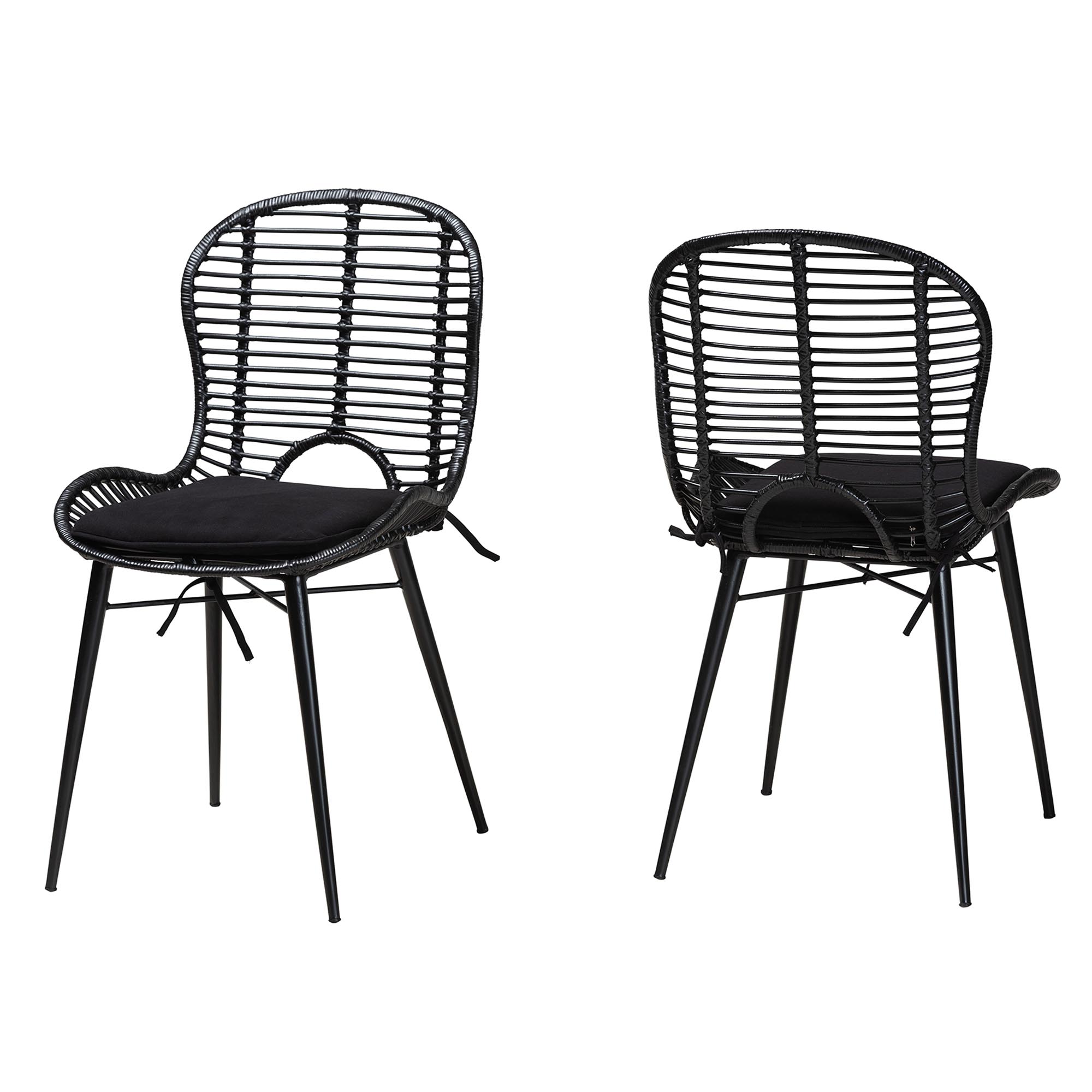 bali & pari Brenna Rattan BOHO Dining Chairs, Set of 2, Black