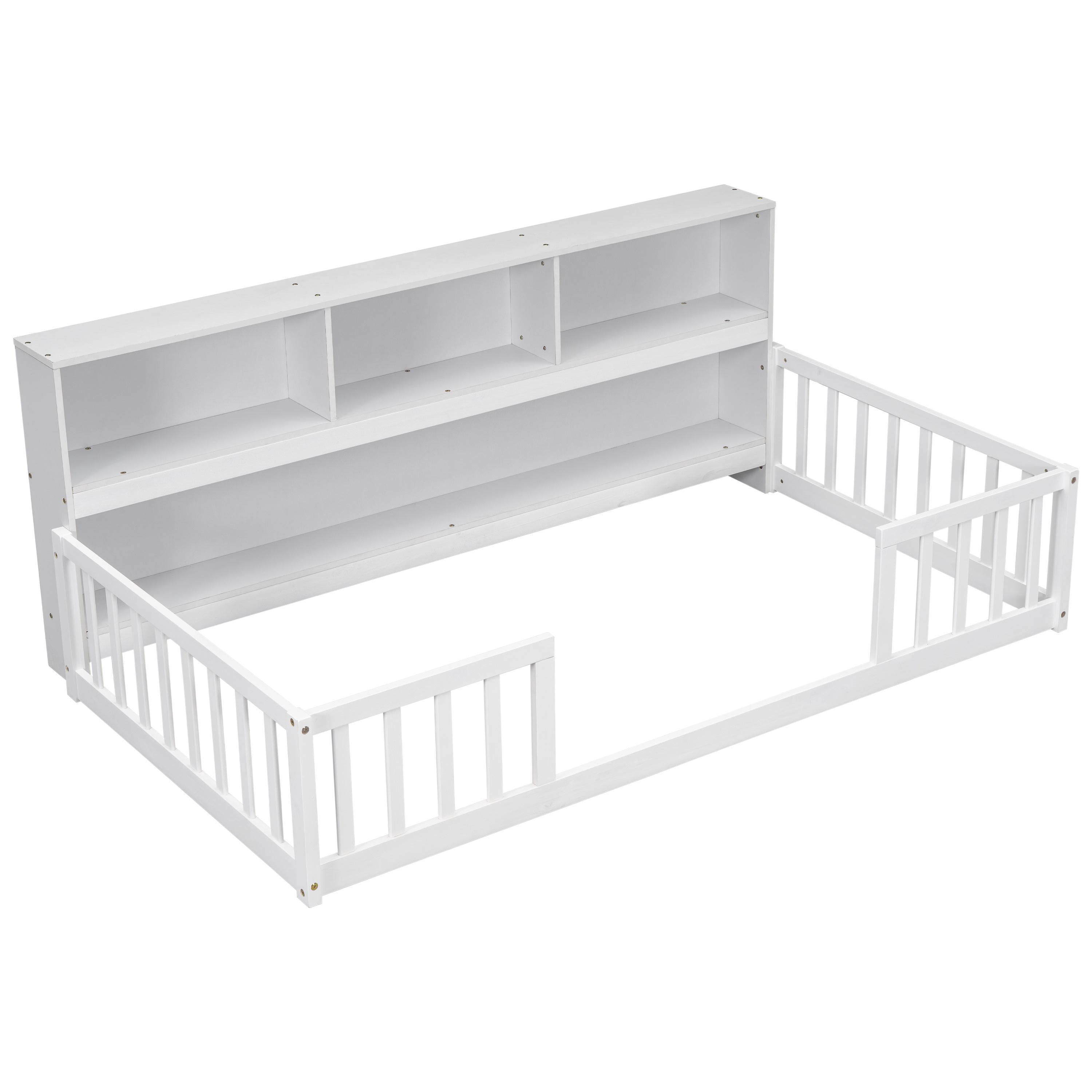 PORKISS Twin Floor Bed Frame with Bookcase and Fence, Wood Kids Floor Bed with Storage Shelves, Montessori Bed, White