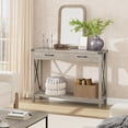 thumbnail image 1 of Table Console avec 2 Tiroirs, Table de Canapé Style Ferme avec Tablette de Rangement, Design en X sur les Côtés, Table d'Entrée en Bois Décorative, Table Étroite pour Canapé avec Pattes en Bois Massif pour Entrée Salon Couloir, 1 of 8