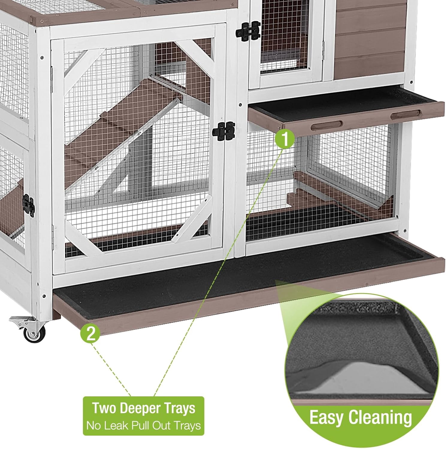 BUTINGLALE Rabbit Hutch Indoor Outdoor 2 Story Bunny House on Wheels Wood Rabbit Cage with 2 Pull Out Trays Guinea Pig Cage