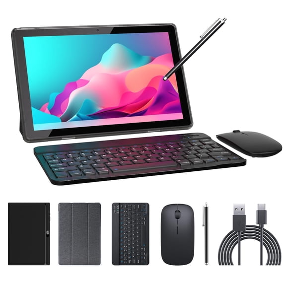 Tablet 2 in 1 Tablets 10 inch Android 14 Tablet Set with Keyboard Case Mouse Stylus 8GB+64GB/1TB expansion Tablets 10.1" Touch Sc
