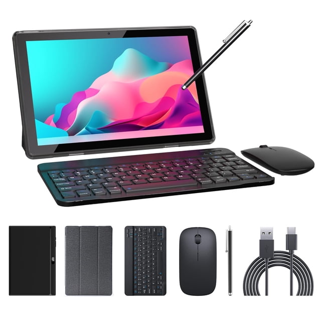 Tablette 2 en 1 Tablettes 10 Pouces Android 14 Ensemble de Tablettes avec Étui Clavier Souris Stylet 8 Go+64 Go/1 To Extension Tablettes 10,1 Pouces Tactile Sc