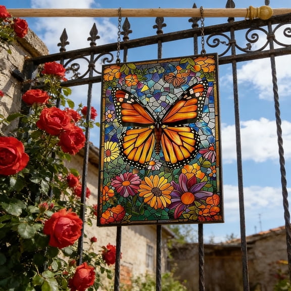Spring Summer House Flag 28x40in Double Sided Stained Glass Large Butterfly Garden Flag Flower Yard Flags for Outside Decoration